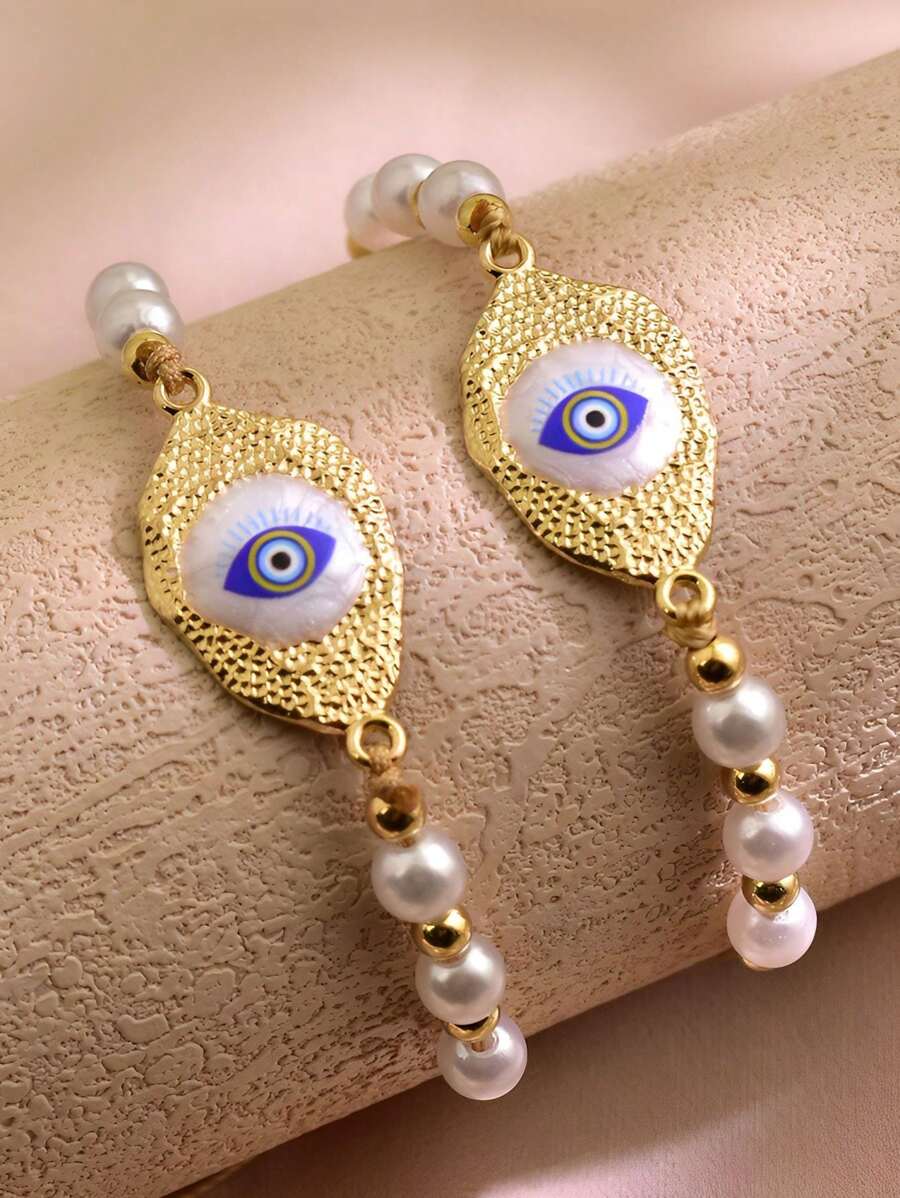 Conjunto de 2 pulseiras femininas trançadas, design de olho de demônio guardião, pulseira trançada ajustável, adequada como presente para entes queridos, uso diário