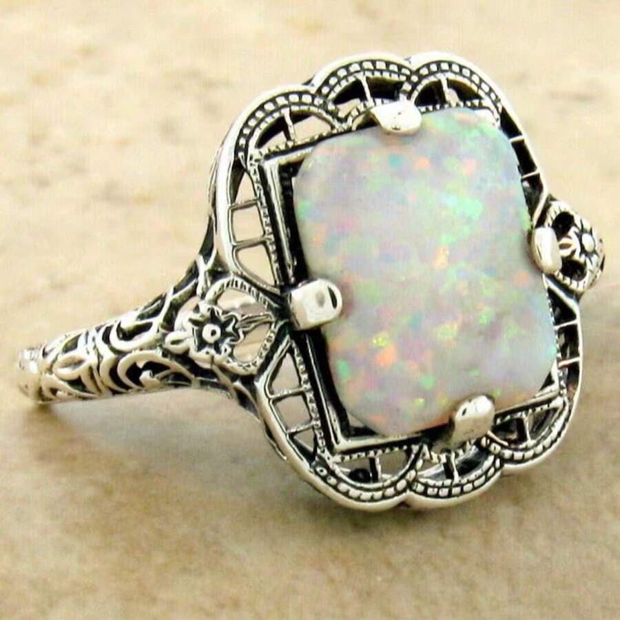 1pc Women Engagement Ring, Vintage Luxury Silver Color Alloy With Artificial Opal Decor, For Wedding, Engagement, Party, Anniversary, Valentine's Day, Birthday Gift