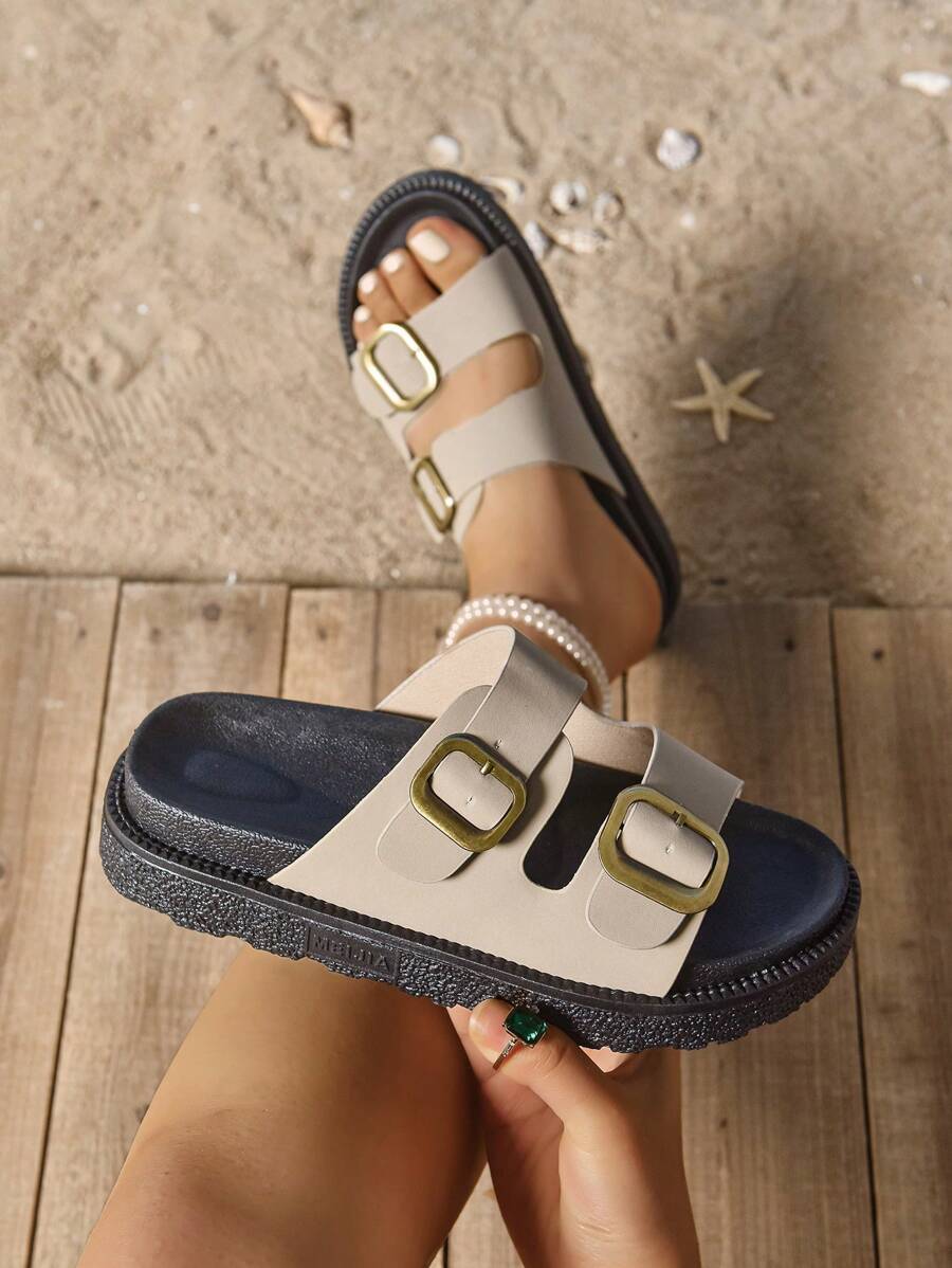 1 par de sandalias con suela gruesa de estilo bohemio, con decoración de hebilla, para playa, resort, exteriores y verano, versátiles y de plataforma con cierre deslizante
