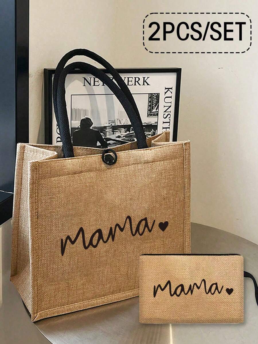 Mama "Love Letter Travel Bag, And A Make Up Bag With A Hand Rope,A Professional Makeup Artist Choose It To Solve The Problem Of Messy Cosmetics,Fashionable Letter Pattern Tote Bag, Large Capacity Shoulder Bag, Lightweight, Foldable, Portable Shopping Bag, Suitable For Weddings, Birthdays, Beaches, Holidays, Perfect Gift For Women, Mothers, Teachers, Friends, Bridesmaids, Big Bags, Students, And Back To School