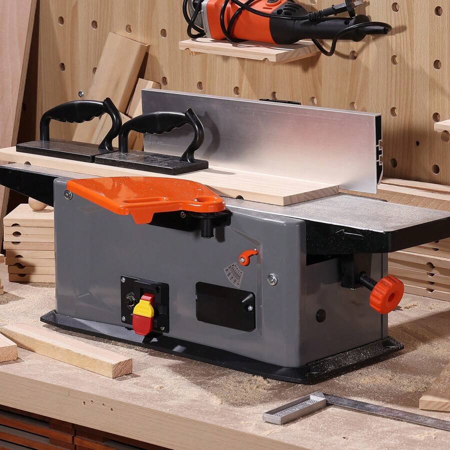 KFFKFF Spiral Benchtop Jointer, 6 In, 1.5HP 10000 RPM Bench Top Wood Jointer, With 14-Blade Spiral Cutterhead 0-1/8'' Adjustable Depth 6.1x27.6'' Table, Portable Woodworking Jointer For All Wood Types