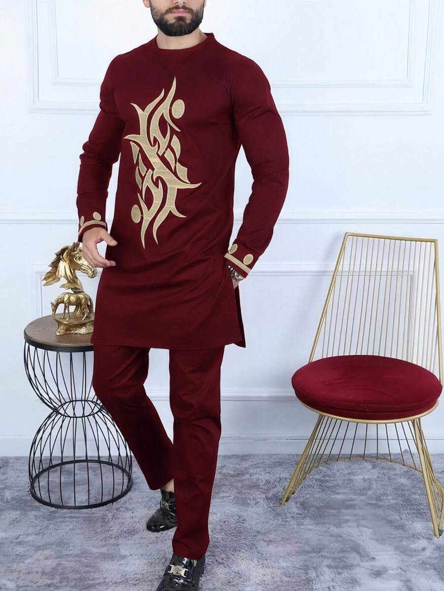 Novo Conjunto Dashiki Masculino, Bordado Dourado, Punhos Elegantes, Design Gracioso, Bainha com Fenda Lateral, Calça com Cintura Elástica, Camisa Preta e Calça Longa Masculina, Conjunto de 2 Peças, Novo Estilo para Todas as Estações, Streetwear, Festa, Encontro, Eventos Culturais