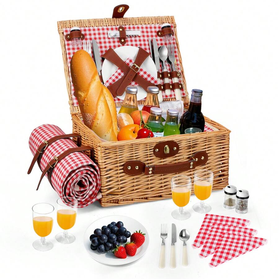 Ensemble de panier de pique-nique en osier pour 4 personnes, panier en osier fait main avec couverture de pique-nique imperméable, compartiment isotherme, assiettes, verres à vin, couverts, panier de pique-nique pour le camping, fête en plein air