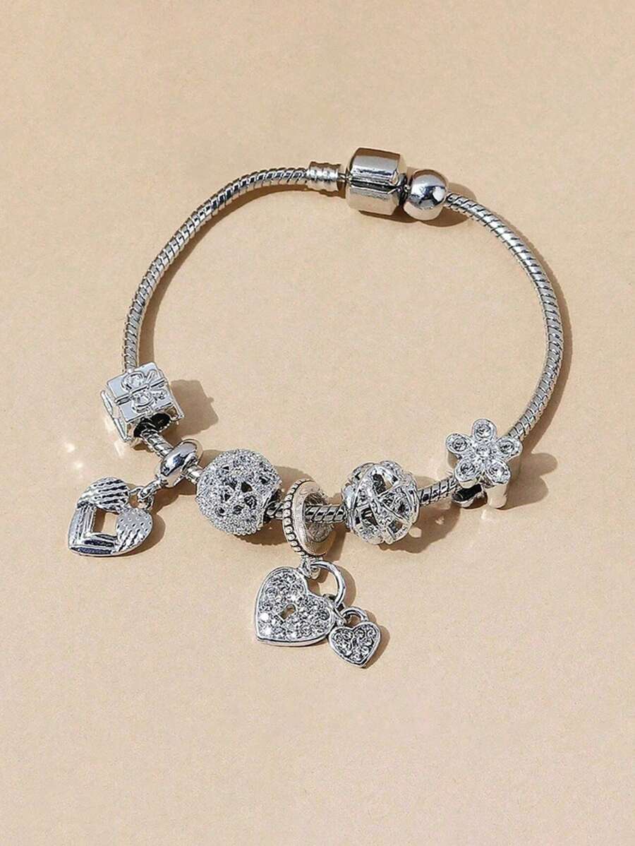 1pc Fashionable Rose Gold Beaded Bracelet, Hollow Carved Heart Charm With Rhinestone Embellishment Valentines,Mom,Mother,Mother's Day,Gift