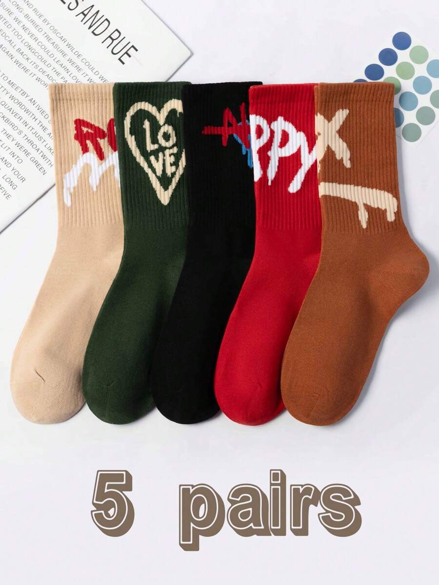 5 Pairs Unisex Mixed Color Graffiti Letter Mid-Calf Socks, Fashionable Casual Sports Socks For Daily Wear