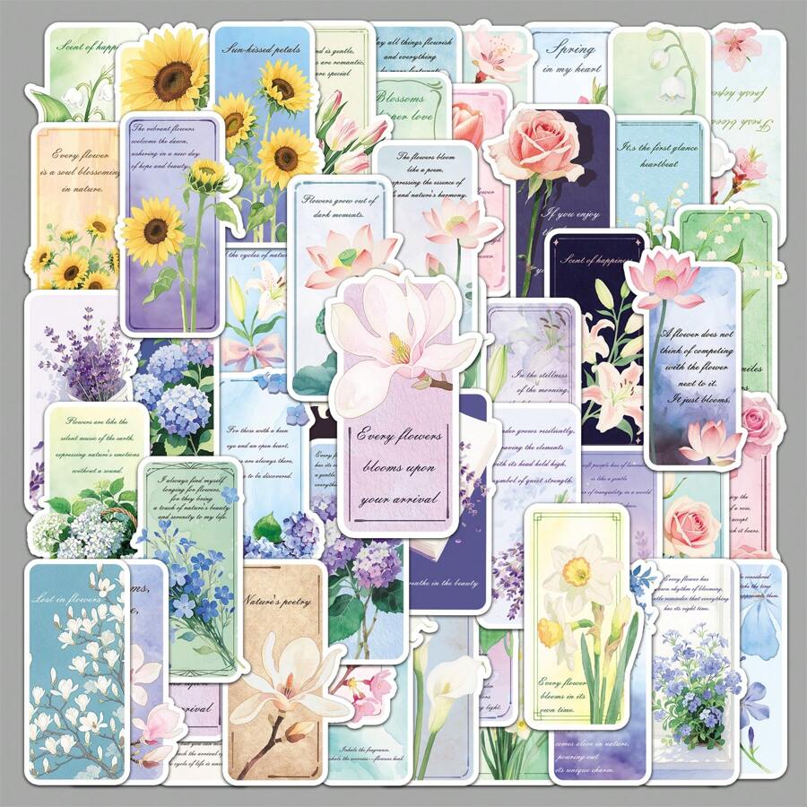 50Pcs Flower Language Bookmark Stickers Vinyl Aesthetics Stickers Decals Scrapbook, Journaling, Laptop, Bumper, Skateboard, Water Bottles, Computer, Phone, Cartoon, Hard Hat, Car Stickers