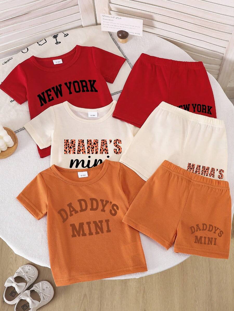 Conjunto de 6 piezas de top y pantalones cortos casual y lindo con estampado de letras y gráficos para bebé niña, comodidad de verano