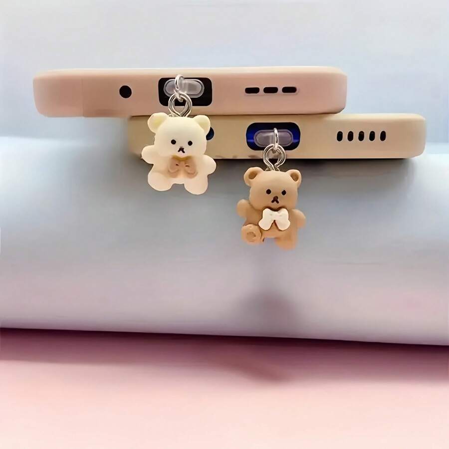1pc/2pcs Bear Shaped Pendant Dust Plug Charg Port Stopper, Compatible With Apple & Type-C Phone Charging Port