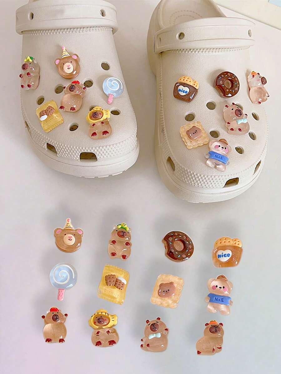 12pcs Fashion New Hole Shoe Flower Decorations, Fit For Summer Cute Slippers Decoration Clips, Transparent Cartoon Cute 3D Unisex Shoe Accessories Back To School