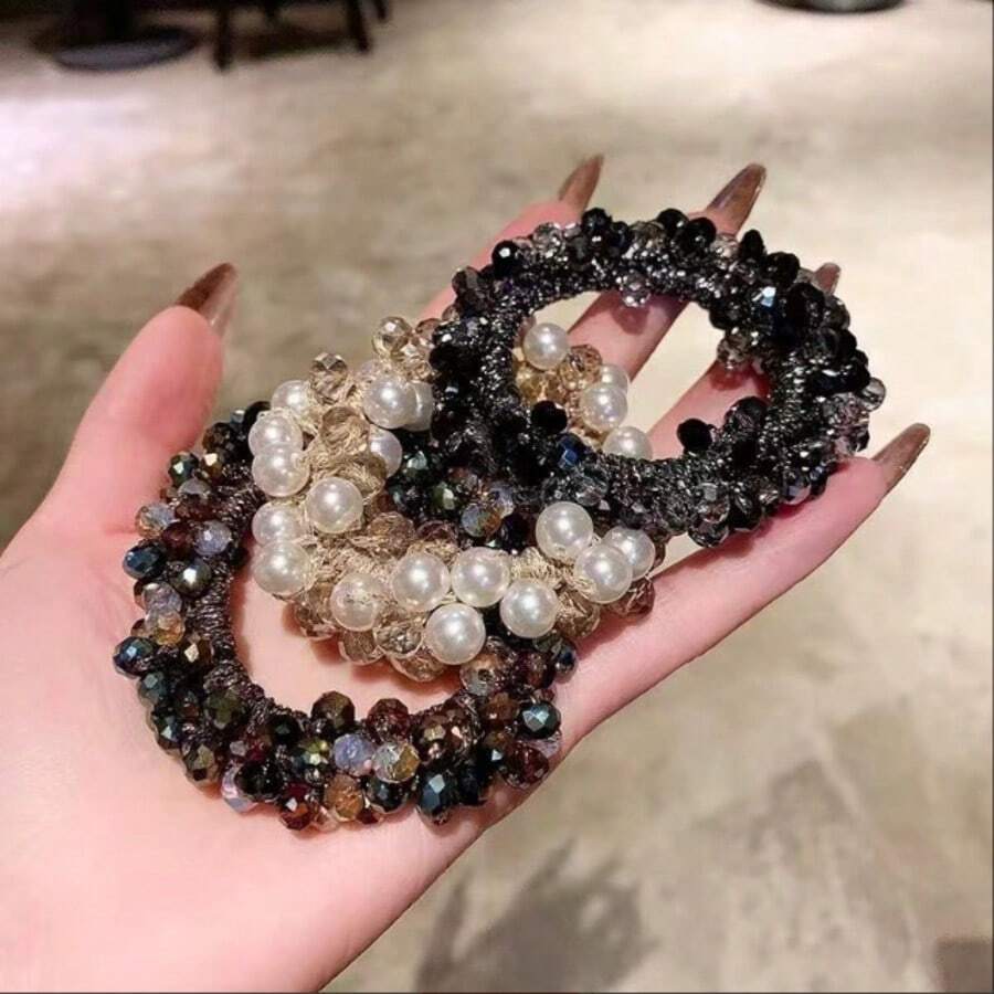 3pcs Fashionable Hair Accessories Set: Elegant Pearls & Crystals Hair Scrunchies, Multi-Functional Hair Styling Decorations, Simple Rhinestone Ponytail Holders