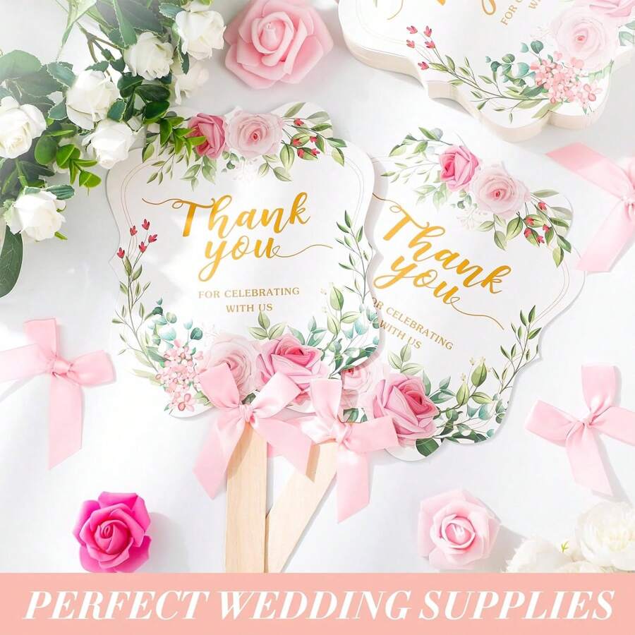 10/20 piezas Artículos de fiesta de bodas, Suministros decorativos, Abanicos para ceremonia de graduación y celebración, Gracias por celebrar con nosotros, Abanicos plegables de mano, Regalos de boda bohemios para la novia y damas de honor, Baile, Abanicos de boda con elegante patrón floral de rosa con mango de madera y cintas, Para uso de los invitados, Accesorios de decoración