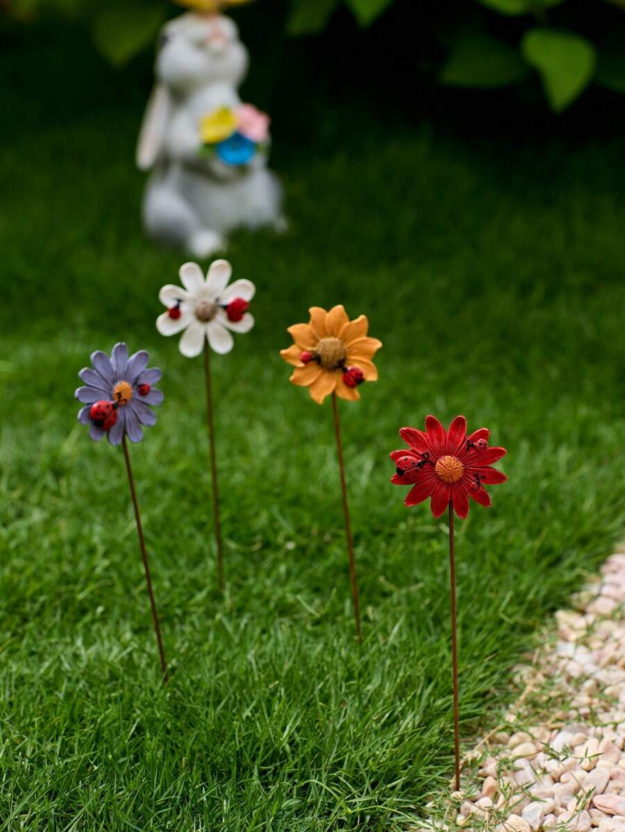 Cirelle 4pcs Hand-Painted Resin Garden Decor Set - Vibrant Chrysanthemum Flower Pots With Ladybug & Sunflower Designs, Perfect For Indoor/Outdoor Plants, Patio, Balcony, Porch, Front Door Decor, Gift For Garden Lovers (Weather-Resistant)