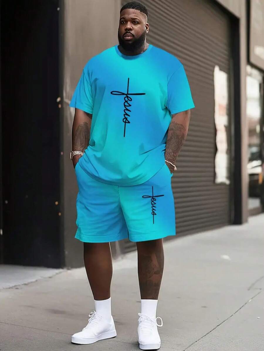 Conjunto de camiseta informal azul degradado y shorts de moda callejera de manga corta con estampado de letras y cordón, talla grande para hombre