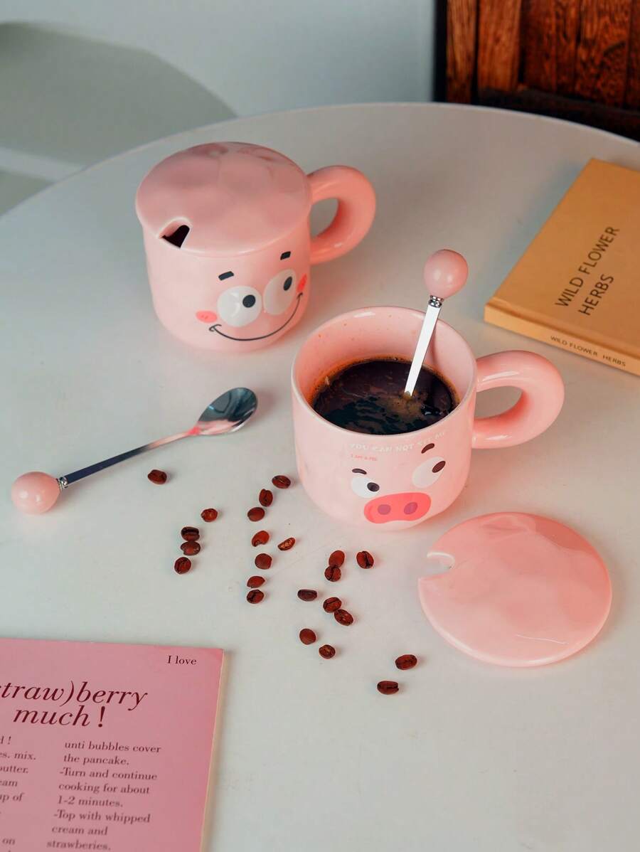 1 Stück 350 ml rosa Keramik Kaffeebecher mit Deckel & Löffel, süßer Cartoon Schwein Milchbecher mit Griff, sinnvolles Geschenk zum Geburtstag und für Paar, stilvoller Wasserbecher