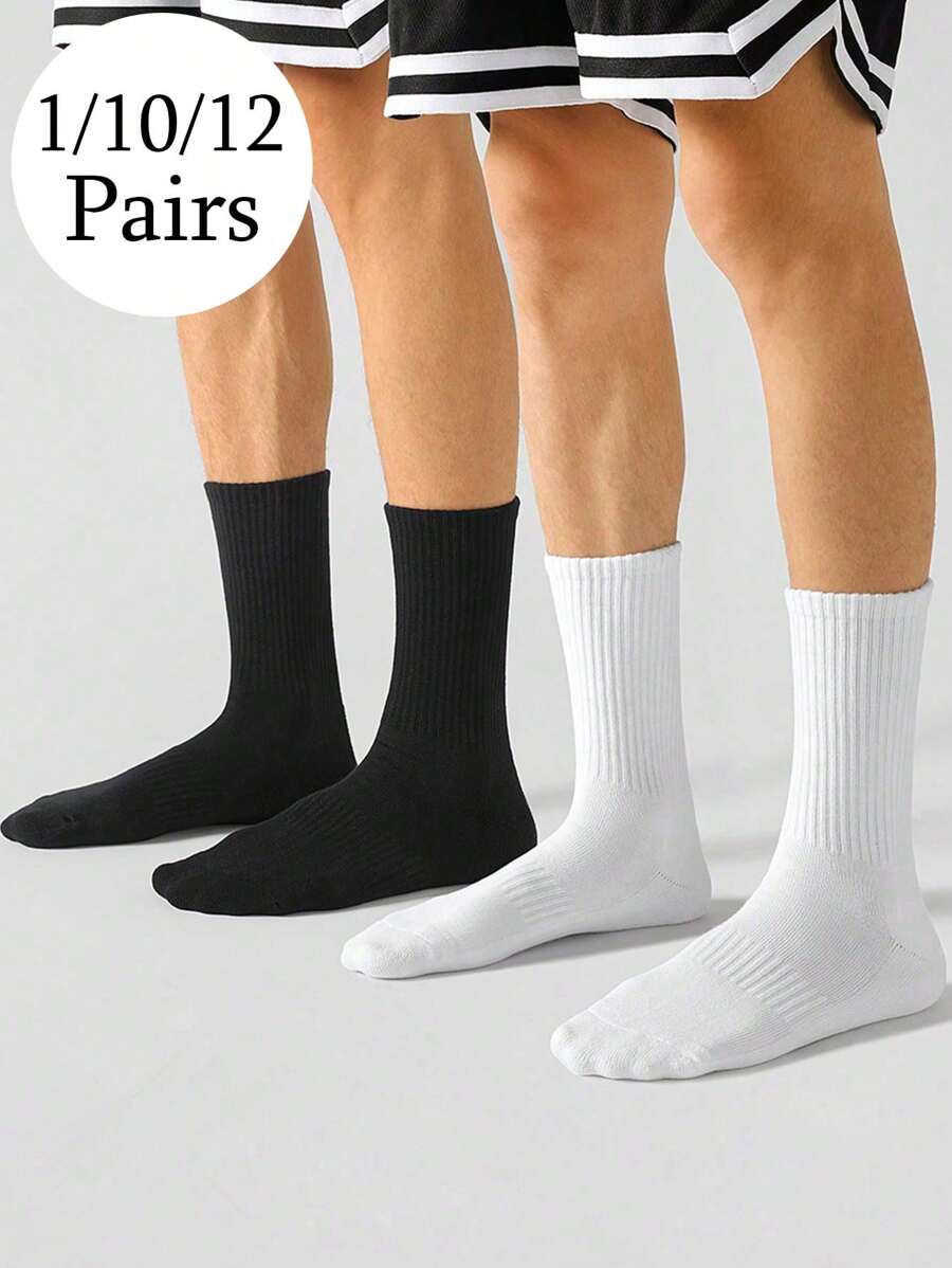 1/10/12 Pairs Men's Black & White Solid Color Mid-Calf Socks, Sports/Casual Comfortable Everyday, Home, Travel, Business Socks, Suitable For All Seasons