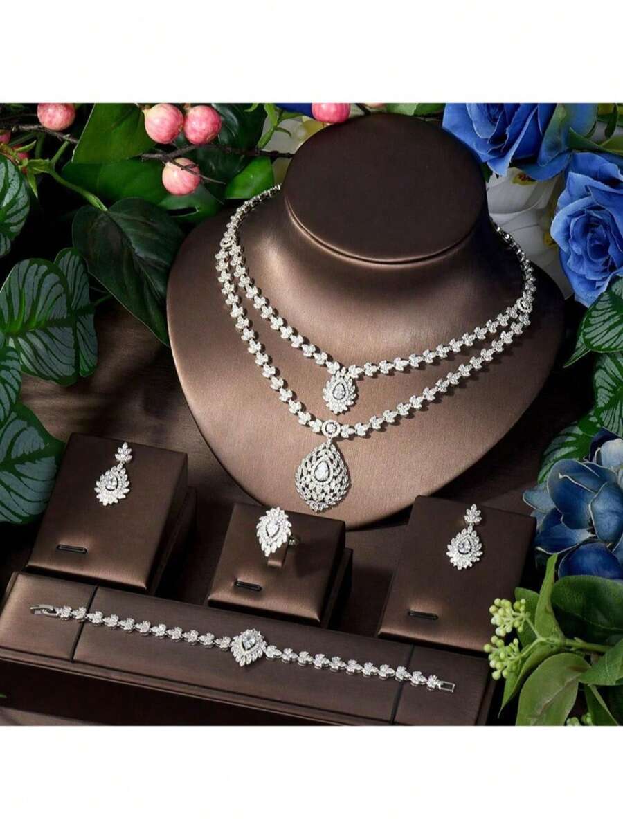 1 Set Vintage Katzenauge eleganter zweistufiger Halsketten-Anhänger, Ohrringe, Armband Schmuck Kleider Accessoires für Frauen, geeignet als Braut, Hochzeits, Jahrestags Geschenk, für Party und Abschlussball