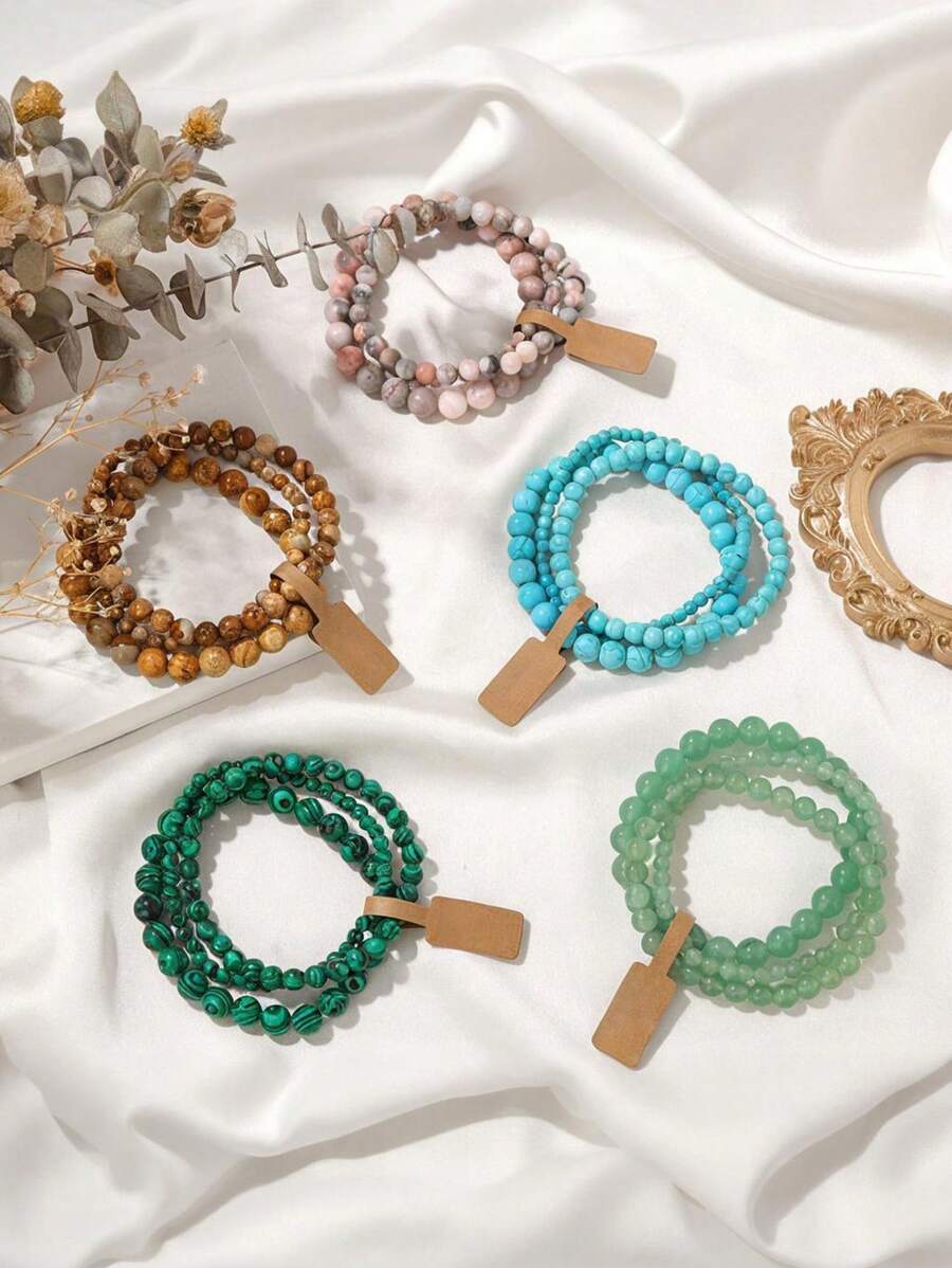 3pcs/Set Natural Stone Bead Bracelets, 4mm/6mm/8mm Round Beads Energy Bracelets Couples Jewelry, Valentine's Day Gift