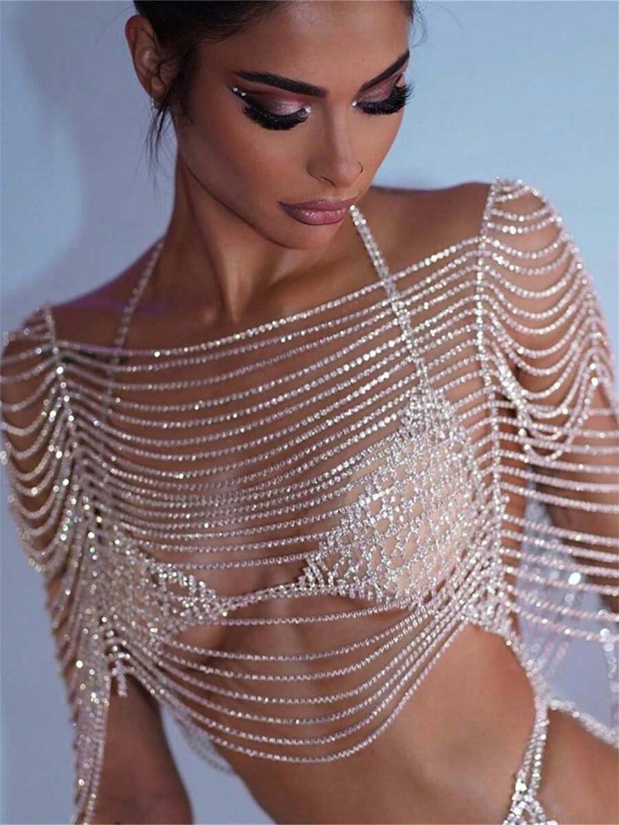 1 pièce Top court orné de franges de mode de luxe sexy et glamour, chaîne de soutien-gorge, bijou de corps à cristaux multicouches