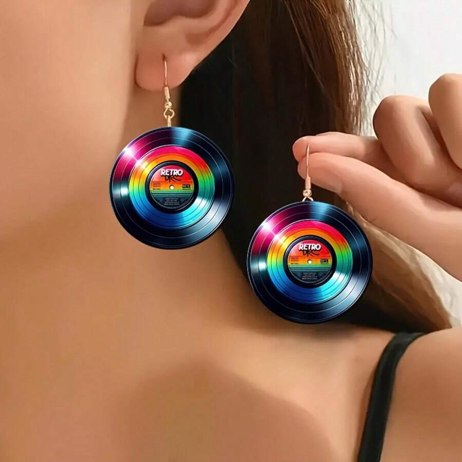 2D Flat Colored Guitar & Vinyl Record Music Festival Earrings - Boho Style 2D Flat Acrylic Cartoon Pendant With Zinc Alloy Hook, Lightweight And Durable Jewelry, Suitable For Concerts, Festivals, Casual Outfits - Perfect Gift For Music Lovers