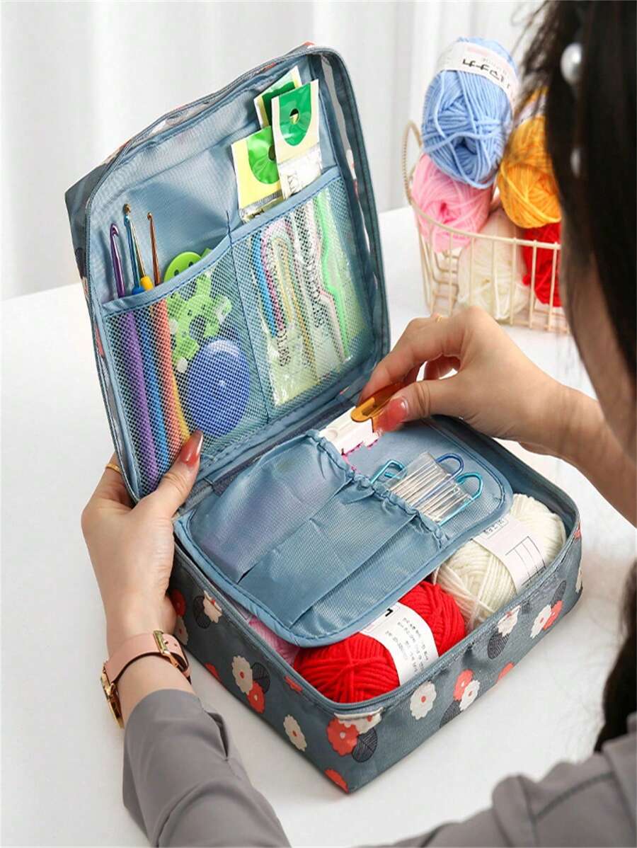 Conjunto de Lã e Crochê para Iniciantes, Kit de Crochê com Gancho Ergonômico de Empunhadura Macia e Sacola Azul com Flor, Ferramenta de Aprendizado Presente para Mulheres (Acessórios em Cores Aleatórias)