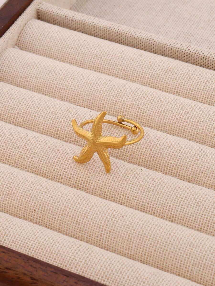 1PC Chic Stainless Steel Starfish Ring For Women 18K Gold Plated Little Sea Star Adjustable Opening Rings Female Summer Beach Daily Jewelry Gifts