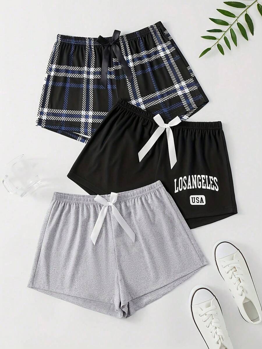 3-teiliges Damen Sommer Nachtwäsche Set: Bequeme und weiche Shorts, vielseitige Lässig Homewear Hosen, Sommer karierten Shorts mit Gummibund und Schleife für Teenager Mädchen Drei-Teiliges Set