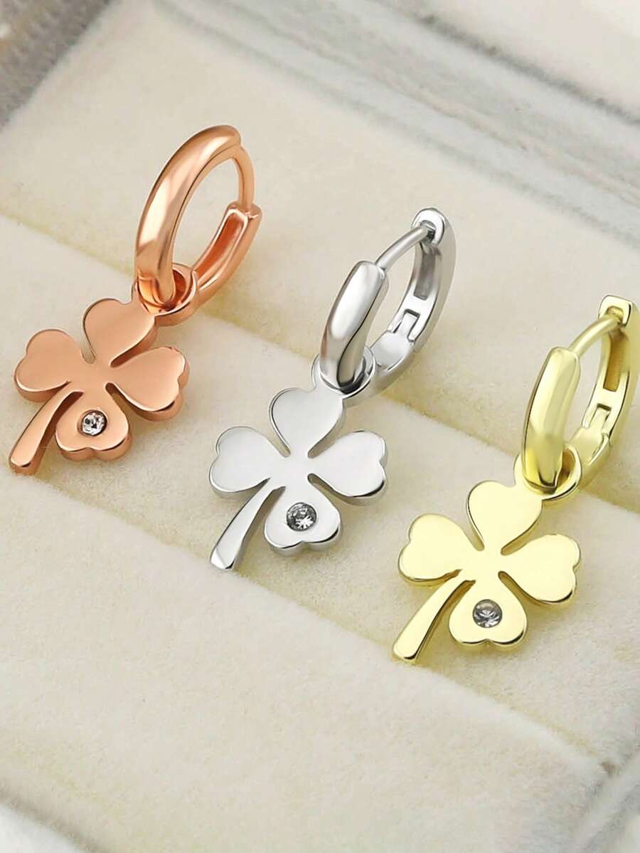 1 Pair Gold-Plated Four-Leaf Clover Rhinestone Earrings, Suitable For Daily Wear