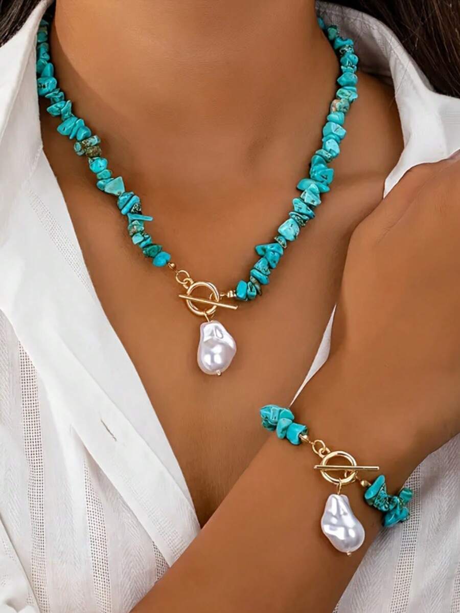 Women's Jewelry Set With Turquoise Chips And Faux Baroque Pearls, Includes 2pcs Simple Alloy Fashion Accessories, Suitable For Daily Wear - Necklace And Bracelet Set