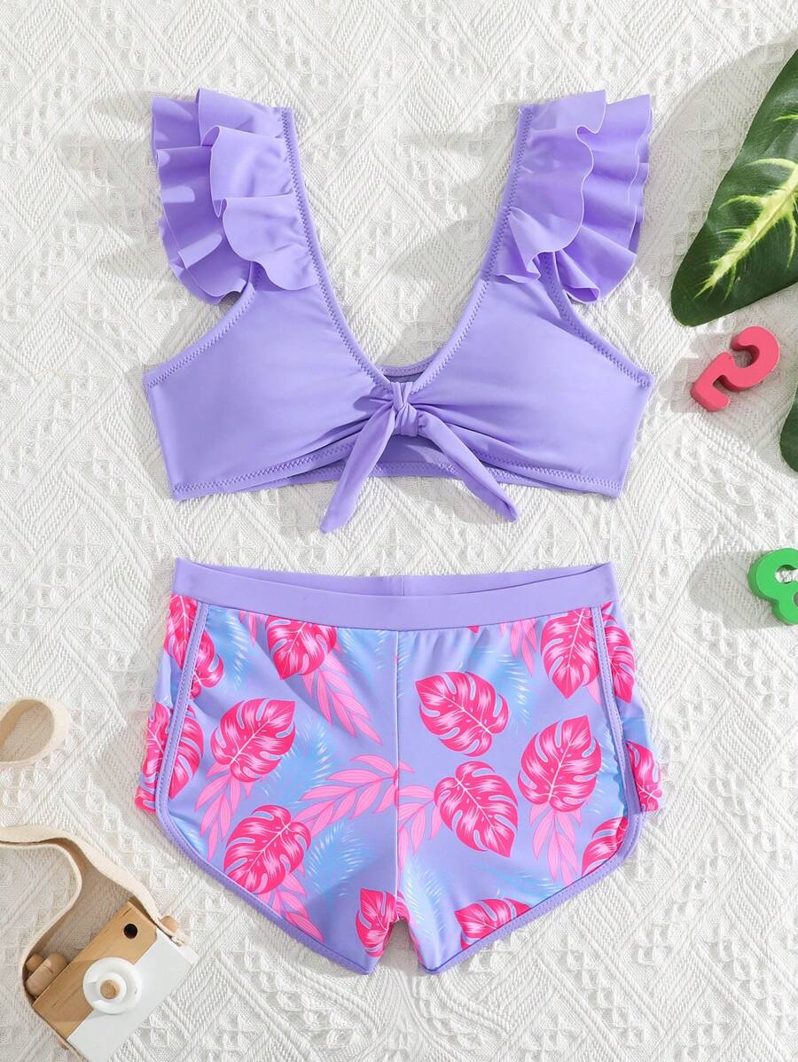 NB VEST Conjunto de Praia Juvenil Feminino com Top Amarrável com Babados e Shorts Estampado de Folhas - J3021
