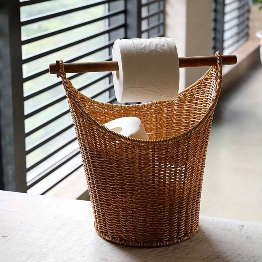 1pc Vintage Style Handwoven Plastic Storage Basket, With Wooden Handle, Multipurpose Open Top Organizer Box, Suitable For Bathroom And Home Decor, Shelf Basket Back To School