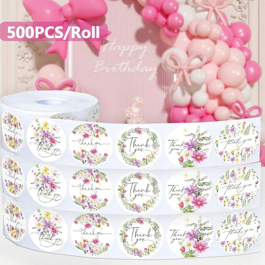 500pcs/Roll Adorable Flower Thank You Stickers For Small Business, Bakery Packaging, Wedding Giveaways & Bridal Shower Parties