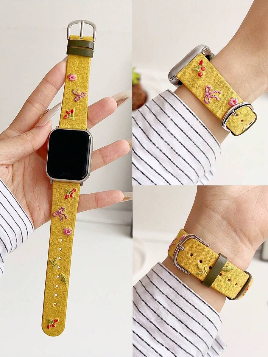 1Pc Women Pink Bow Cherry Flower Embroidered Leather Strap Compatible With Apple Watch Band 38/40/41/42/44/45/49/(S10 42)/(S10 46)Mm, Compatible With Watch Strap S10/Ultra/Se/9/8/7/6/5/4/3/2/1,Stylish And Lovely,INS Style,Watch Band,Smart Watch Band,Mother's Day/Daily/Party Gift