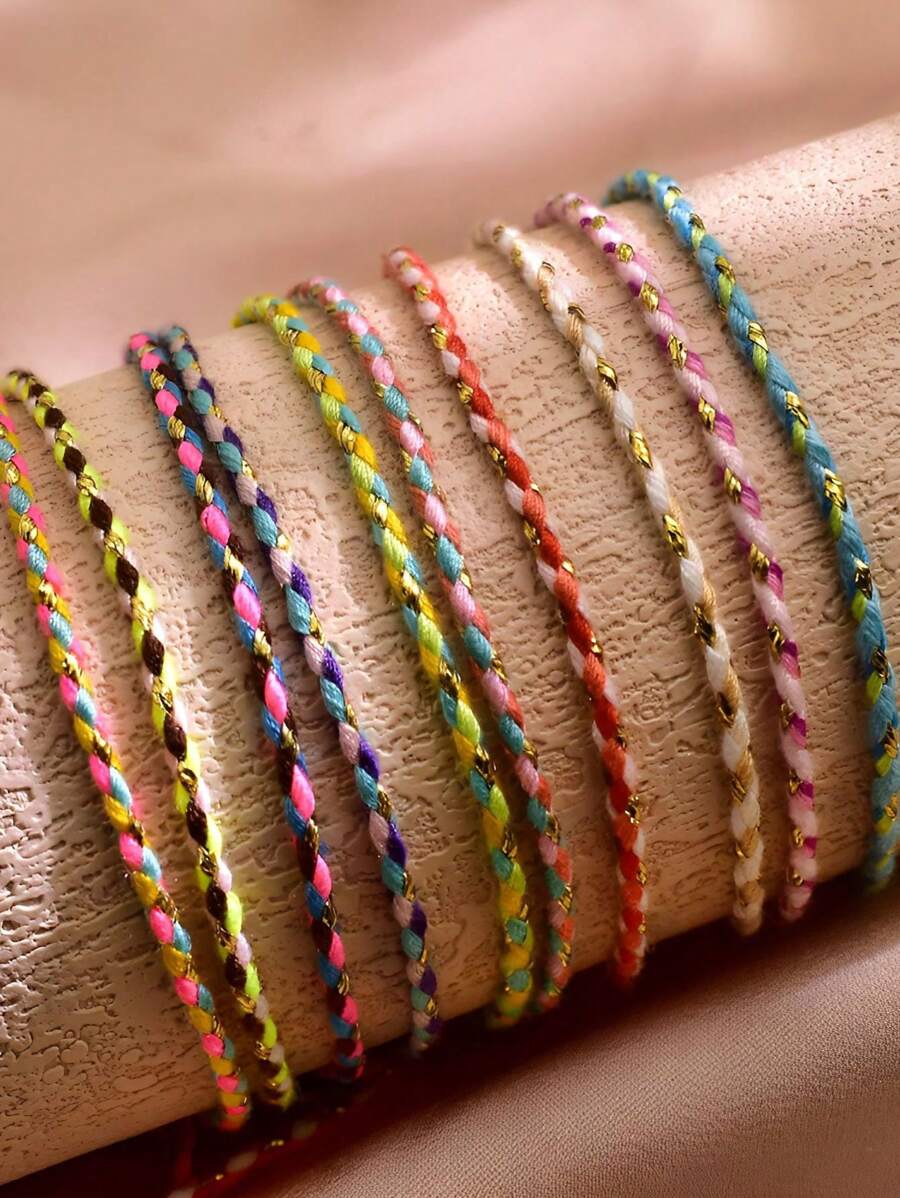 Conjunto de 10 pulseiras trançadas estilo boêmio, acessórios multicoloridos para férias e praia para mulheres