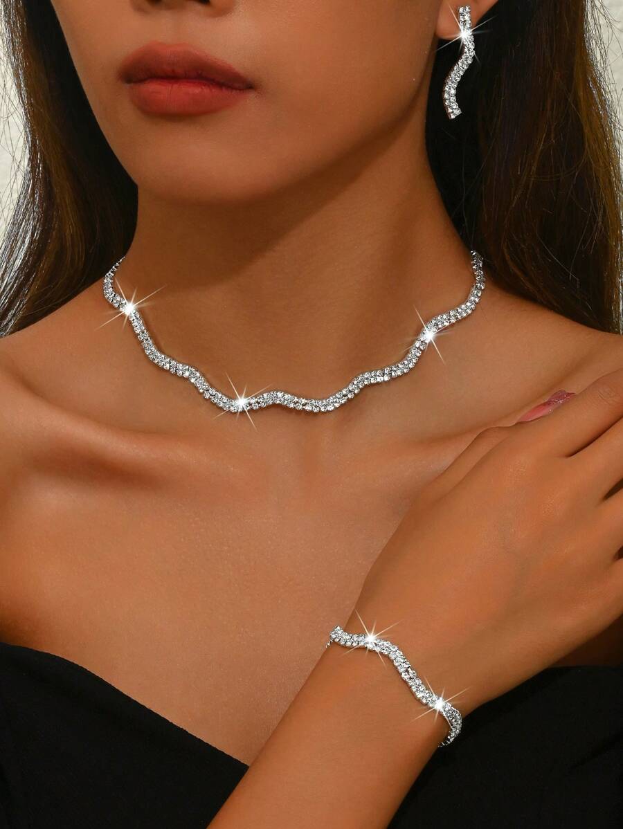 Conjunto elegante de joyería nupcial para boda y fiesta de 3 piezas, incluyendo collar ondulado brillante, aretes y pulsera