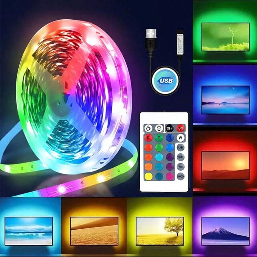 Striscia luminosa a LED RGB per retroilluminazione TV da 100 a 1000 cm, alimentata tramite USB, con telecomando a 24 tasti - Cambia colore, dimmerabile e retroilluminata, adatta per camera da letto, TV, cucina, bar, sala giochi, decorazione per feste