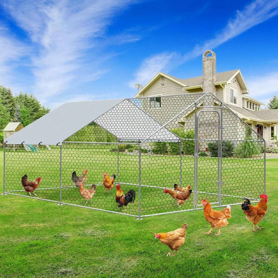 Metal With Run, 9.8'L X 6.4'W X 6.4'H Walk In Poultry Cage Chicken Run Pen, Outdoor Chicken Runs For Yard With Waterproof & Anti-UV Cover