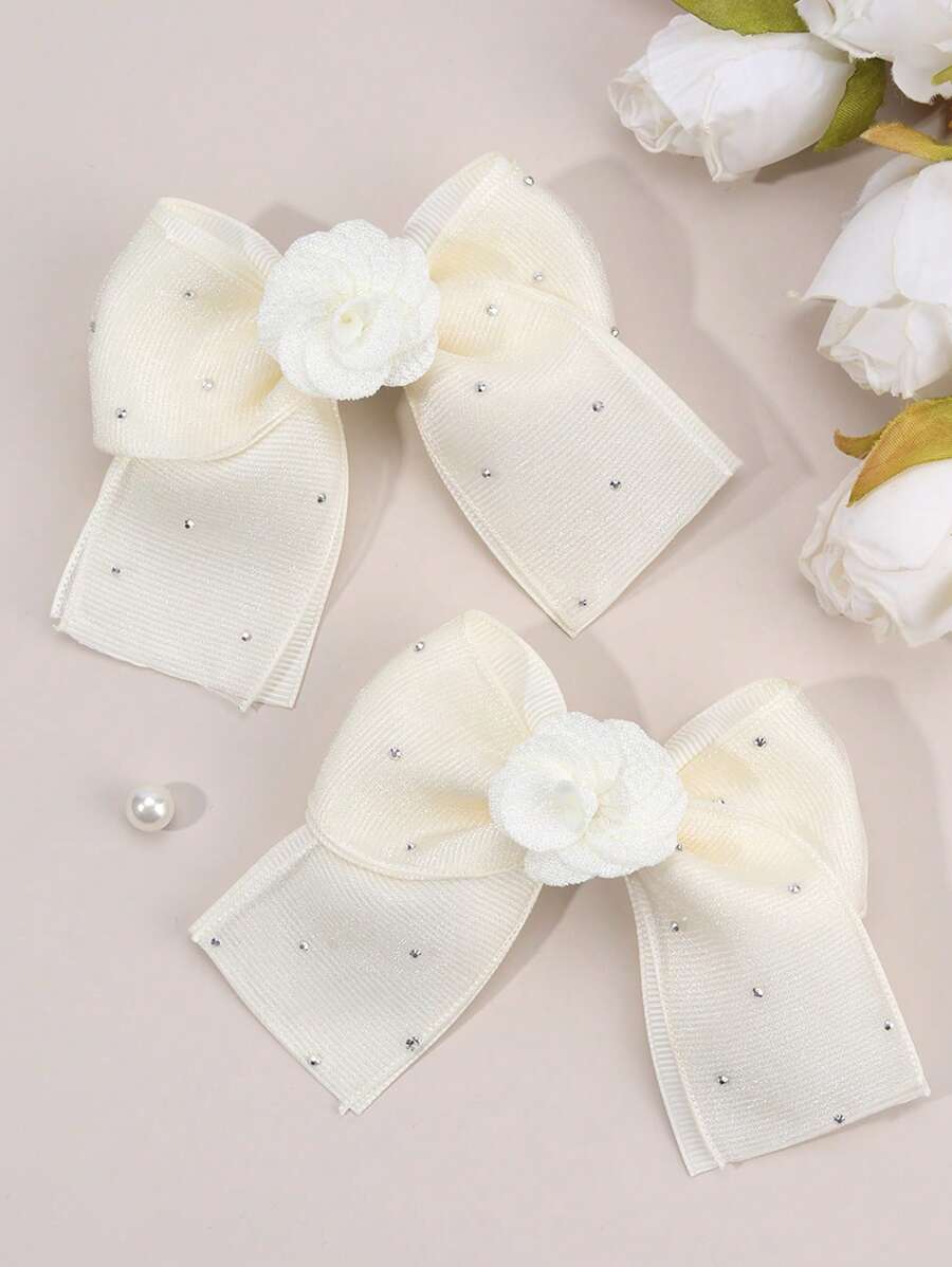 2 piezas Hebillas de pelo con lazo beige y flores con rhinestones para niñas, accesorios de pelo elegantes para la vida diaria
