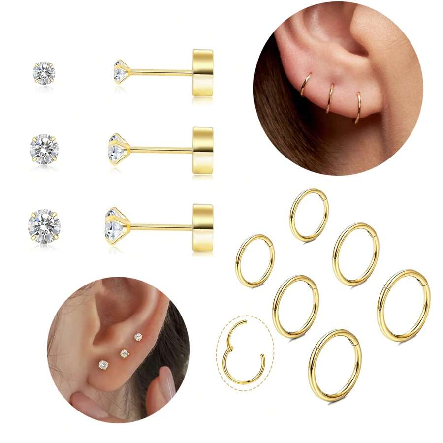 Ensemble de boucles d'oreilles à tige plate en acier inoxydable 316L pour piercings multiples pour oreilles sensibles, boucles d'oreilles créoles petites en acier titane doré 14 carats hypoallergéniques avec petits clous CZ pour femmes, pour piercings de l'hélix, du rook, du daith, de la conque, du nez, des lèvres et du corps, tailles 16G, 8 mm, 10 mm, 12 mm