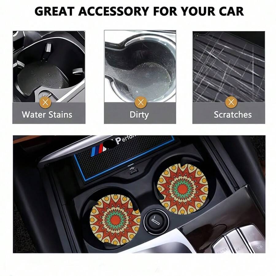 2pcs Flower Print Car Cup Holder Coasters, Anti-Slip Shockproof Universal Fashion Car Coasters, Insert Interior Accessories, Party Gift