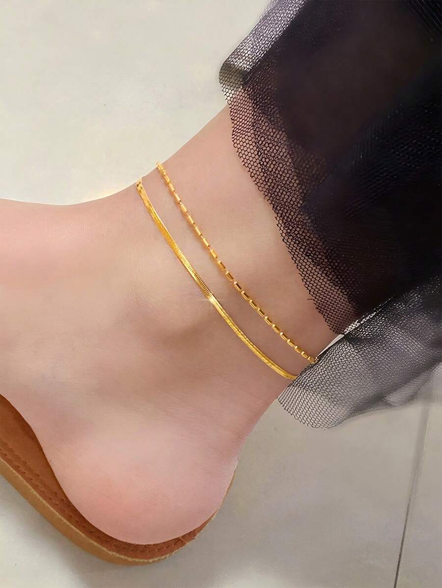 MONALLY Chaîne de cheville dorée 18 carats en acier inoxydable de luxe et à double couche pour femmes. Cadeau d'anniversaire idéal pour vacances d'été, voyages, fêtes sur la plage et port quotidien.
