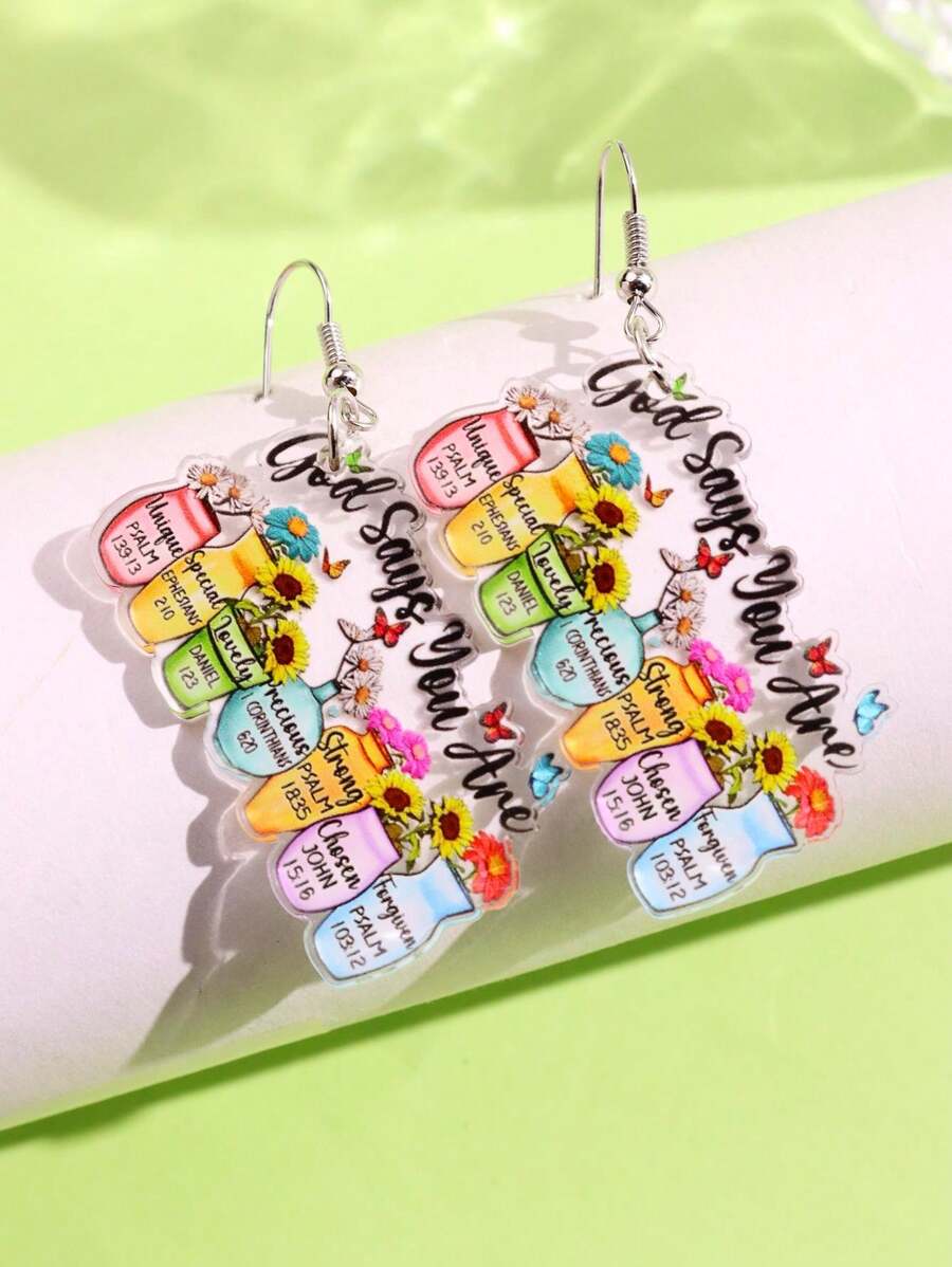 1 Pair Of Fashionable, Creative, And Unique Text Design Acrylic Earrings With Colorful Flower, Sunflower Motifs, Suitable For Back To School, Daily Wear And Festive Occasions For Women