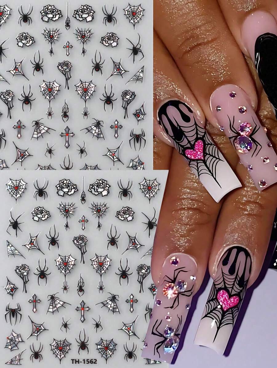 FULL BEAUTY 2 piezas Pegatinas de uñas de Halloween con diseño de rosa de telaraña láser oscura con cruz, diseños deslizantes con brillos de araña gótica Y2K, decoraciones de uñas con dibujos animados lindos