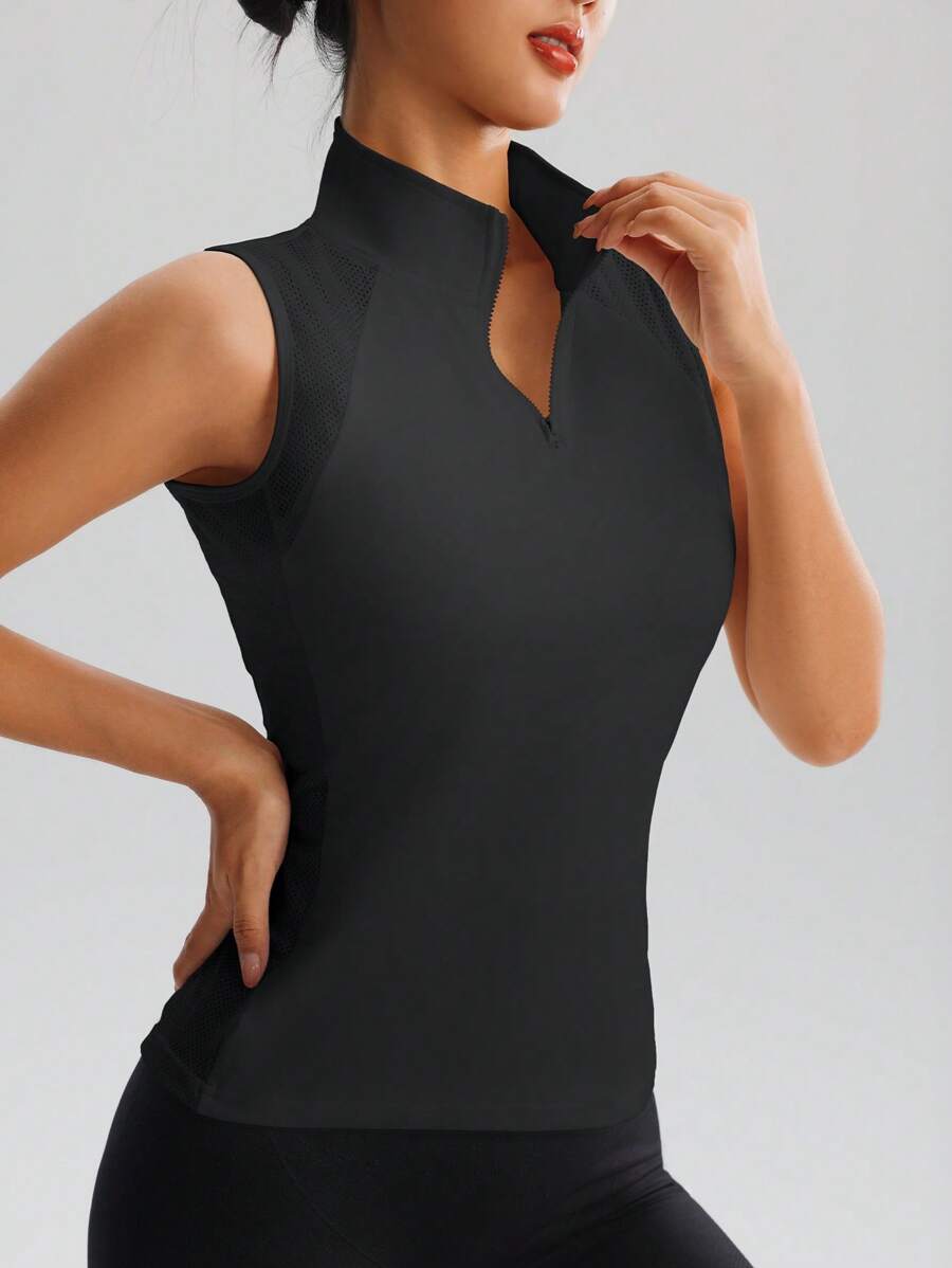 Parte superior de malla sin mangas de mujer con cuello alto y media cremallera, camisa deportiva transpirable para fitness, yoga y tenis
