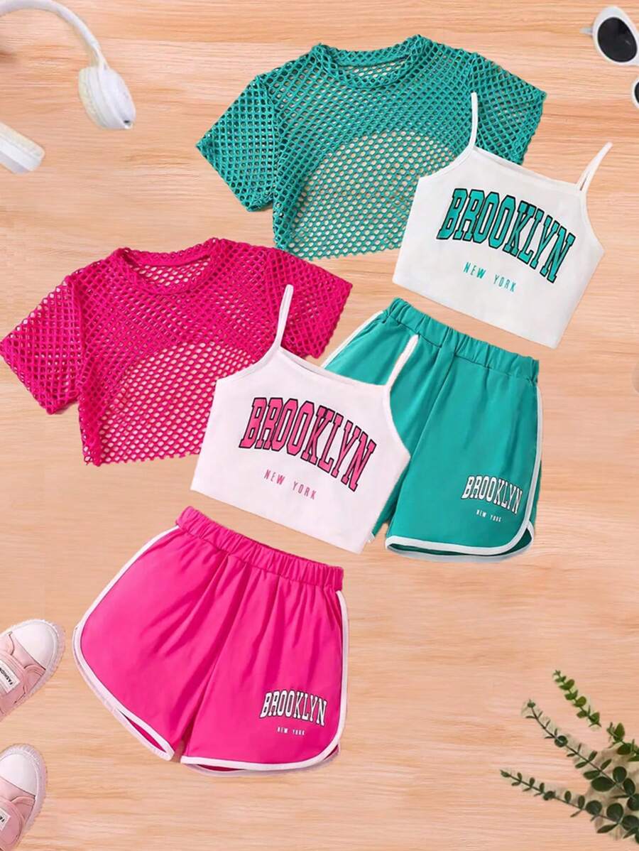 3 Peças/Conjunto Moda de Verão para Meninas, Top de Tule + Regata com Estampa de Letra + Shorts Esportivos