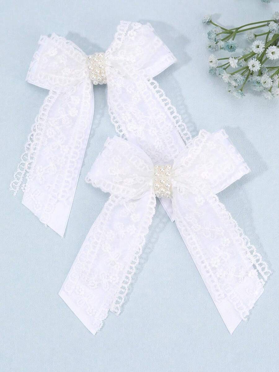2 piezas de grandes lazos para el cabello de encaje con estilo de hada, pasadores de cabello con cola larga blanca con clip de flores de perla para uso diario y fiesta de boda, regalos perfectos para niñas, accesorios para el cabello