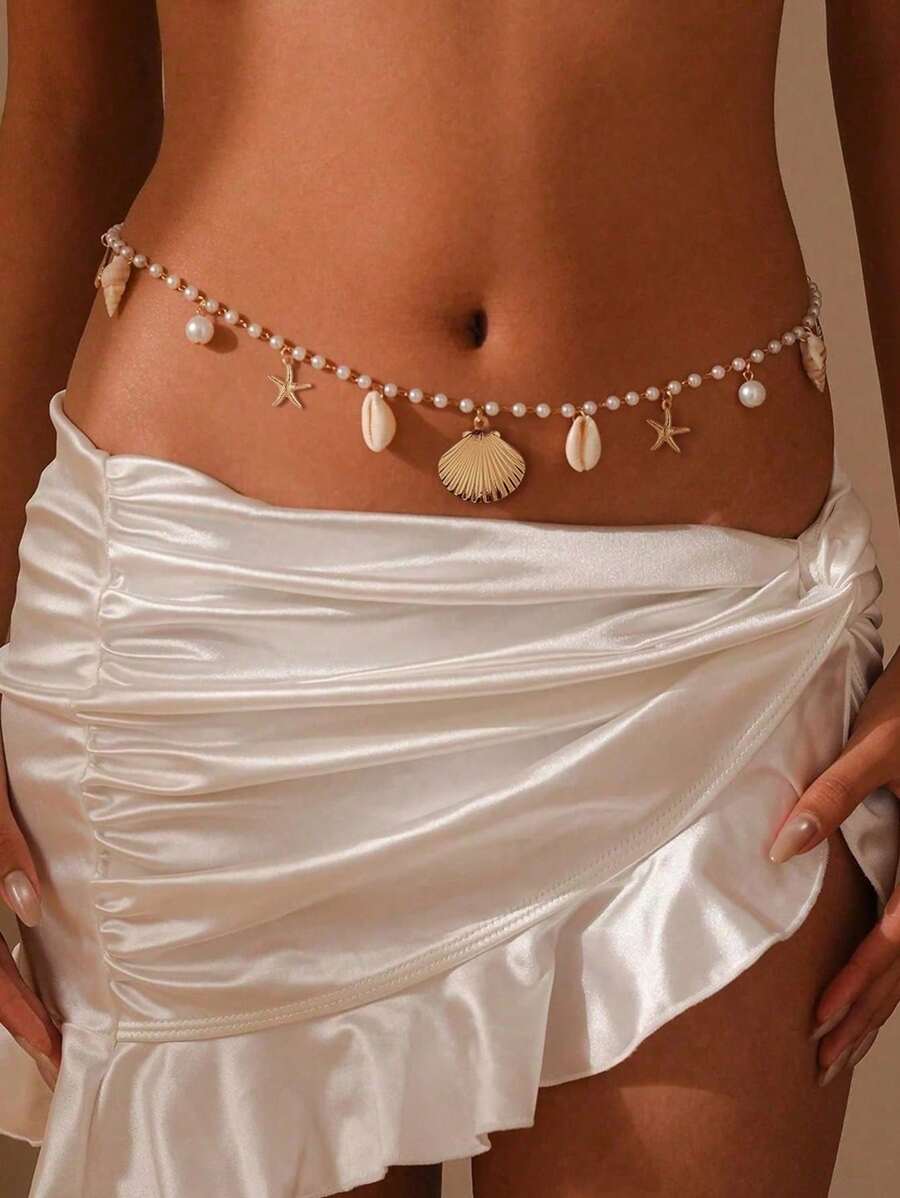 1 Piece Of Faux Pearl Belly Chain, Multi-Layer Waist Chain, Bikini Belly Body Jewelry, Fashionable Beach, Beach Party, Club Body Jewelry Accessories And Ornaments (Random Number Of Beads)