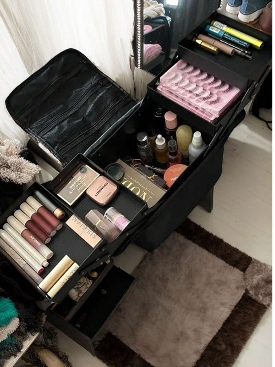 1 Stücke Schminkkoffer & Tasche Set mit extra großer Kapazität - Reisefreundlicher Kosmetikaufbewahrung mit wasserdichtem Pinselhalter & verstellbaren Fächern - Professionelle Aufbewahrung für Makeup-Künstler & unterwegs Beauty-Enthusiasten! Badezimmer Accessoires Rückkehr zur Schule