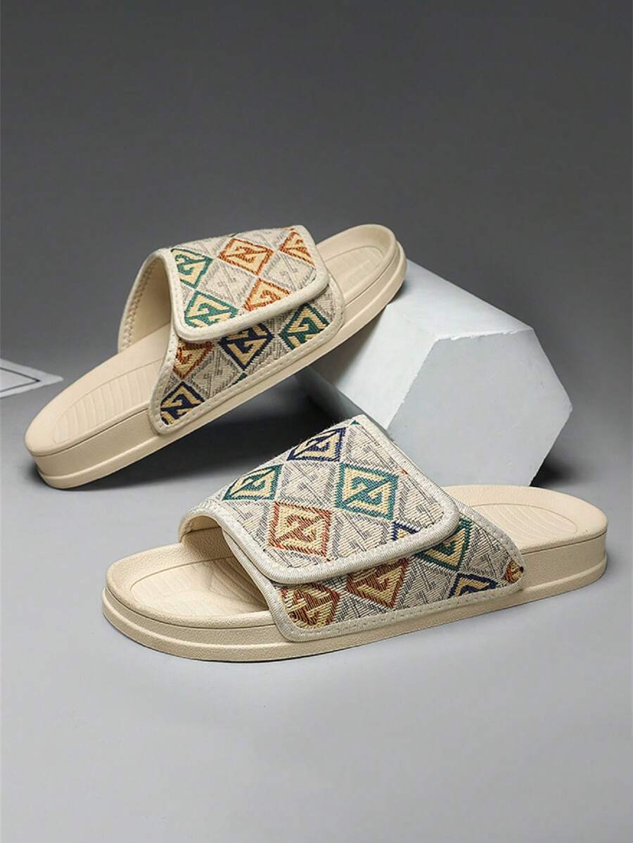 Men's Fashion Print Beige Flip Flops, Casual Outdoor Indoor Slippers For Summer