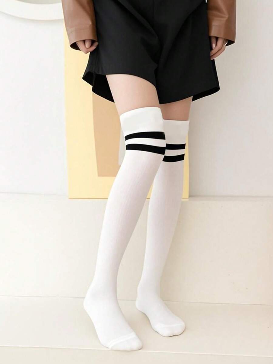 1 Pair Women Japanese Style Solid Color Stripe Sexy Thigh High Socks, Thick Over The Knee Stockings