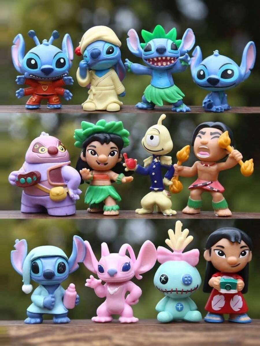 Disney 12 piezas de figuras de Stitch de Disney, adornos de escritorio para interiores, decoraciones exquisitas para dormitorio y automóvil, adecuados para regalos de cumpleaños y fiestas